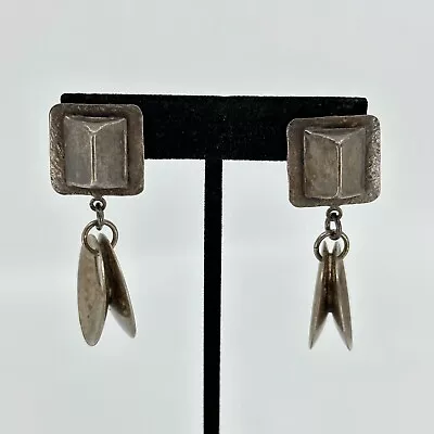 VTG Marjorie Baer Earrings Mixed Metal Pyramid Disc Dangle Brutalist Modernist • $20.97