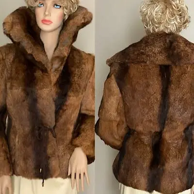 Vtg Fabulous Dyed Rabbit Fur  Belted Jacket Wide Collar S Xs  2 - 4 -6? • $184