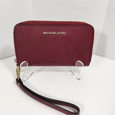 Michael Kors Burgundy Saffiano Leather Zip Around Full Size Wallet 3zh4gtve9l • $45