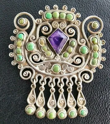 Vintage Mexican Matl Style 925 Silver Pin/Brooch With Turquoise & Amethyst Stone • $209.99