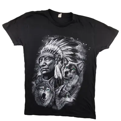 Rock Me Native American Wolf T Shirt Size S Black Mens Cotton Graphic Crew • £9.59