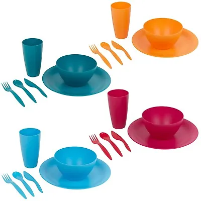 12/24x Unbreakable Reusable Colour Plastic BPA Free Bowl Plate Cutlery Tableware • £12.99