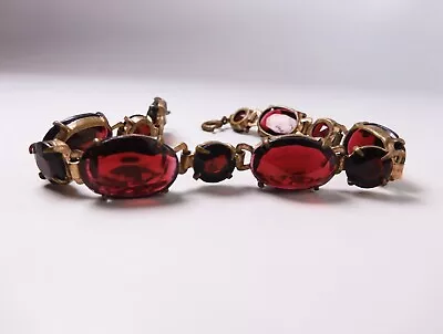 Art Deco Era Gold Washed Copper & Bohemian Garnet Glass Line / Link Bracelet • $25