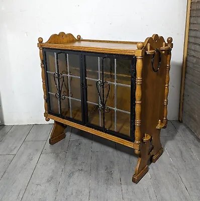 Antique Victorian Arts & Crafts Gothic Oak Cabinet Table With Glass Iron Doors • $450