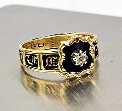 Georgian Memento Mori Mourning 18k Gold Diamond Black Enamel Hair Ring C1835 • $725
