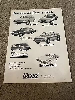 Vintage  KHAN'S MOTORS  VOLKSWAGEN VOLVO SAAB Print Ad 88 RARE LOCAL DEALER OHIO • $6.99