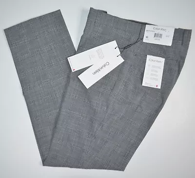 NWT CALVIN KLEIN Slim Fit Stretch Gray Plaid Flat Front Dress Pants 40 X 32 • $24.99