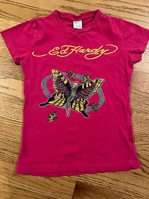 Vintage Ed Hardy Pink Butterfly Fairy Girl's Shirt Youth Size Small/8 Bedazzled • £15.80