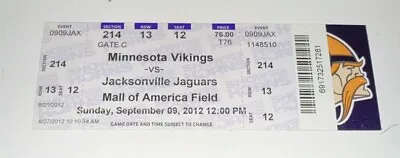 9/9/12 Jaguars Vikings Full Ticket Stub Harrison Smith NFL DEBUT Adrian Peterson • $37.49
