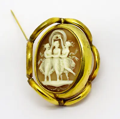 Beautiful Antique Large Pinchbeck 3 Graces Cameo Swivel Frame Mourning Brooch • £75