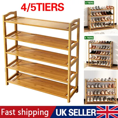 4 5 Tiers Wooden Shoe Rack Bamboo Shoe Stand Wardrobe Organiser Storage Unit • £16.88