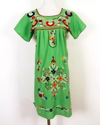 Vintage 60s 70s Euc OAXACAN Mexican Wedding Floral Embroidered Dress Green SZ 4 • $54.61