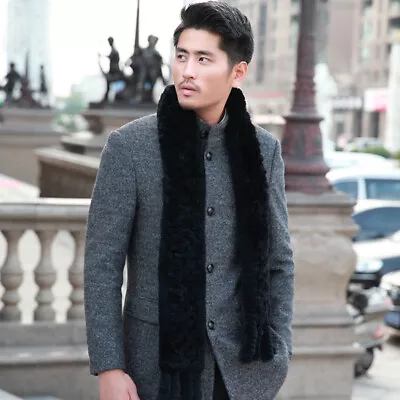 Men‘s Real Rex Rabbit Fur Scarf Winter Warm Neckerchief Muffler Black 180cm • $33.99