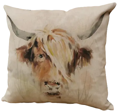 Highland Cow Cushion Cover Cattle Handmade Watercolour Farm Novelty Linen • £15.95