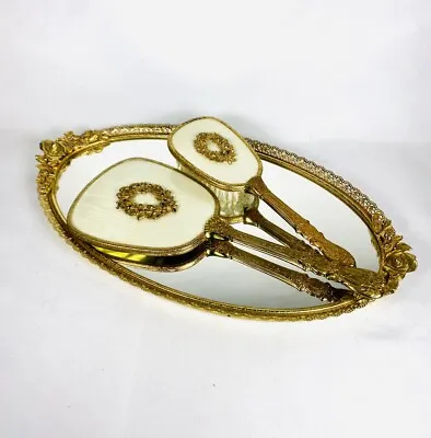 1950’s Gold Plated Filigree Vintage Floral Tray Brush & Mirror Set Matson • $150