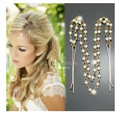 DECO 20's Flapper Gold Chain Bridal PEARL Goodess Festival Hair Clip Headband • £3.99