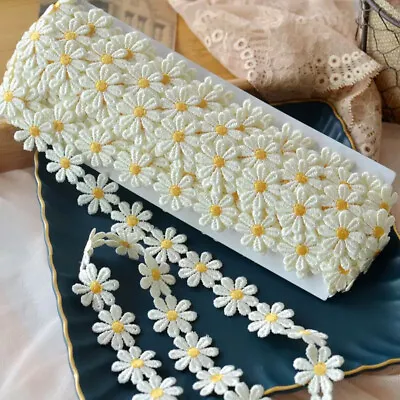 2Pcs Daisy Flowers Embroidered Lace Trim Ribbon Fabric DIY Sewing Embellish • £2.63