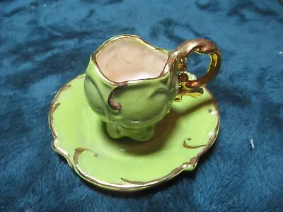 Miniature Tea Cup And Saucer Handpainted Green & Gold Color Trim • $11.19