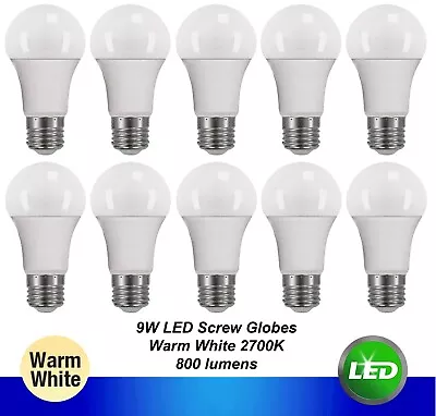 10 X 9W LED Light Globes Bulbs Lamps A60 GLS Warm White 2700K E27 Screw ES  • $37.42