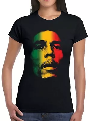 £9.99 • Buy Bob Marley Reggae Flag Ladies Black T-Shirt Multi Coloured Face Jamaica Girls 