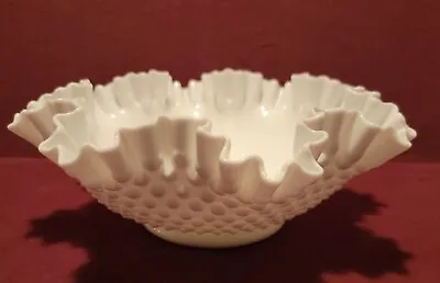 Vtg Fenton Hobnail Ruffled Crimped Milk Glass Bowl Dish Low 11  Wide • $32