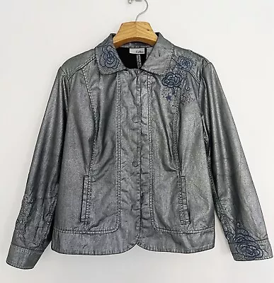 CHICO’S Platinum Jacket Sz 3 XL Silver Metallic Embellished Snap Front • $20.89