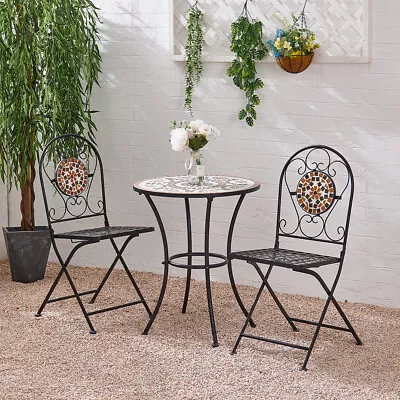 Mosaic Bistro Set Outdoor Patio Garden Furniture Dining Set Table Folding Chairs • £59.95