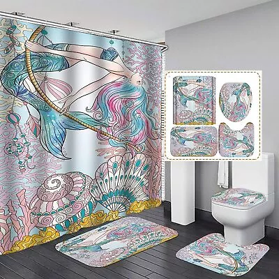 4Pcs Mermaid Shower Curtain Sets Pink Shell Print Bathroom Mats Waterproof • $26.50