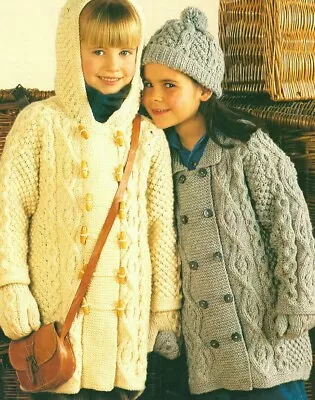 £2.79 • Buy (182)Knitting Pattern Children Aran Hooded Duffle Coat Jacket Mitten Hat 20 -30 