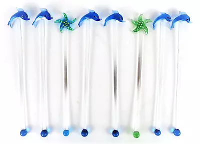 Vintage Glass Cocktail Swizzle Sticks Drink Stirrers Dolphin & Star Fish 8 Total • $25