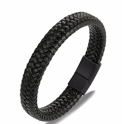 Men's Women's Black Braided Genuine Leather Bracelet / Wristband Bangle 6.5-9  • $12.99