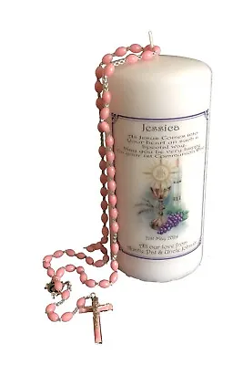 First Holy Communion Candle With Rosary Beads Personalised Gift For Girl • £24.99