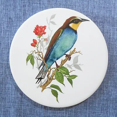 H & R Johnson Round Tile Trivet From ENGLAND Blue Yellow Bird Flower Blossoms • $9.99