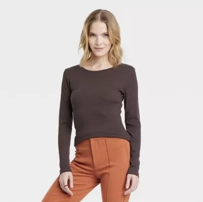 A New Day Dark Brown Women's Long Sleeve Ribbed T-Shirt • $11.99