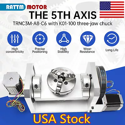 「US」CNC 4th Axis 5th Axis Rotary Table 3 Jaw 100mm Chuck A Axis 8:1 & C Axis 6:1 • $520