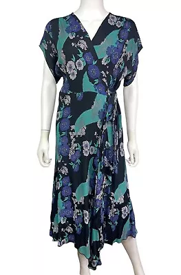 Loco Lindo Women's L Multicolor Floral Cascade Vtg Retro Crepe Wrap Dress EUC • $59.99