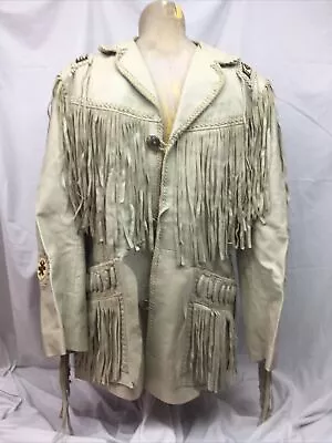 Traditional Native American Beige Suede Scully Leather Jacket Fringes Beads - 40 • $99
