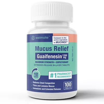 Welmate Mucus Relief | Guaifenesin 1200 Mg Maximum Strength | 100 Count • $29.95
