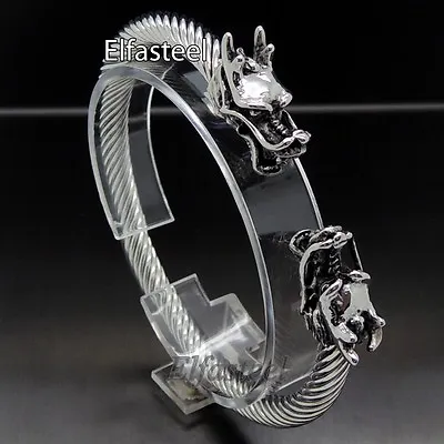 Men Silver Dragon Cable Stainless Steel Cuff Bracelet • $11.99