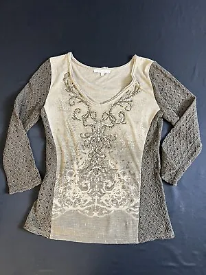 MISS ME Womens Large Tan Brown Embellished Lace Pullover Top Shirt • $15