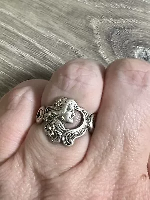 Vintage Art Nouveau Sterling Silver Face Of A Woman Ring Flower Hair Size 8.25 • $41.30