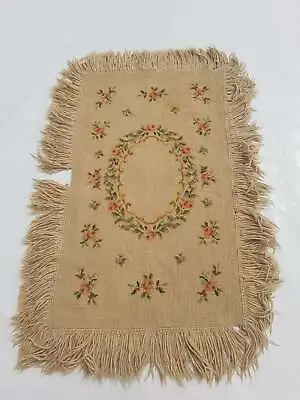 Vintage French Needle Point Handmade Floral Beige Wool Rug Carpet 124x71cm • £135