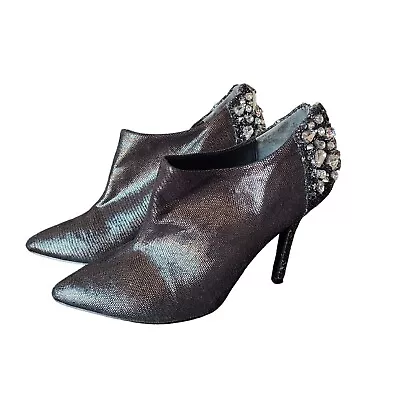 Nina US Sz 7.5 EU 37.5 Metallic Stiletto Ankle Booties Glitter Rhinestone Glitz • $29.99