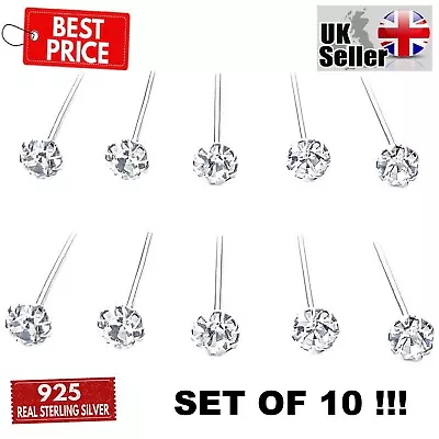 10 X Sterling Silver I Shape Small Tiny Nose Stud Earrings Set Pack Pin Real 925 • £4.59