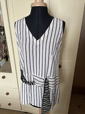 MISS CAPTAIN TREND Ladies White Black Stripe Sleeveless Sash Blouse Size 10 • £4.50