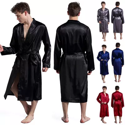 Men Long Satin Silk Pajamas Kimono Bathrobe Robe Dressing Gown Pjs Loungewear US • $16.98