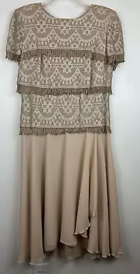 Patra Dress 12 Mother Of The Bride Gold Layered Fringe Beige Metallic Thread • $34.99