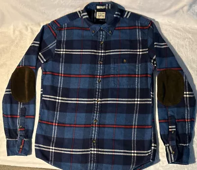J Crew Mens Slim Fit S Brushed Plaid Flannel Shirt Elbow Patch Academic Ivy Blue • $14.88