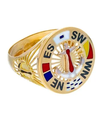 18k Yellow Gold Band Man Ring Nautical Anchor Flags Enamel Compass Wind Rose • $1079