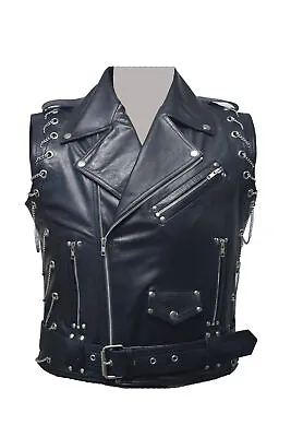 Men Real Leather Motorcycle Vest Heavy Duty With Chains Biker Vest Punk Black • $99